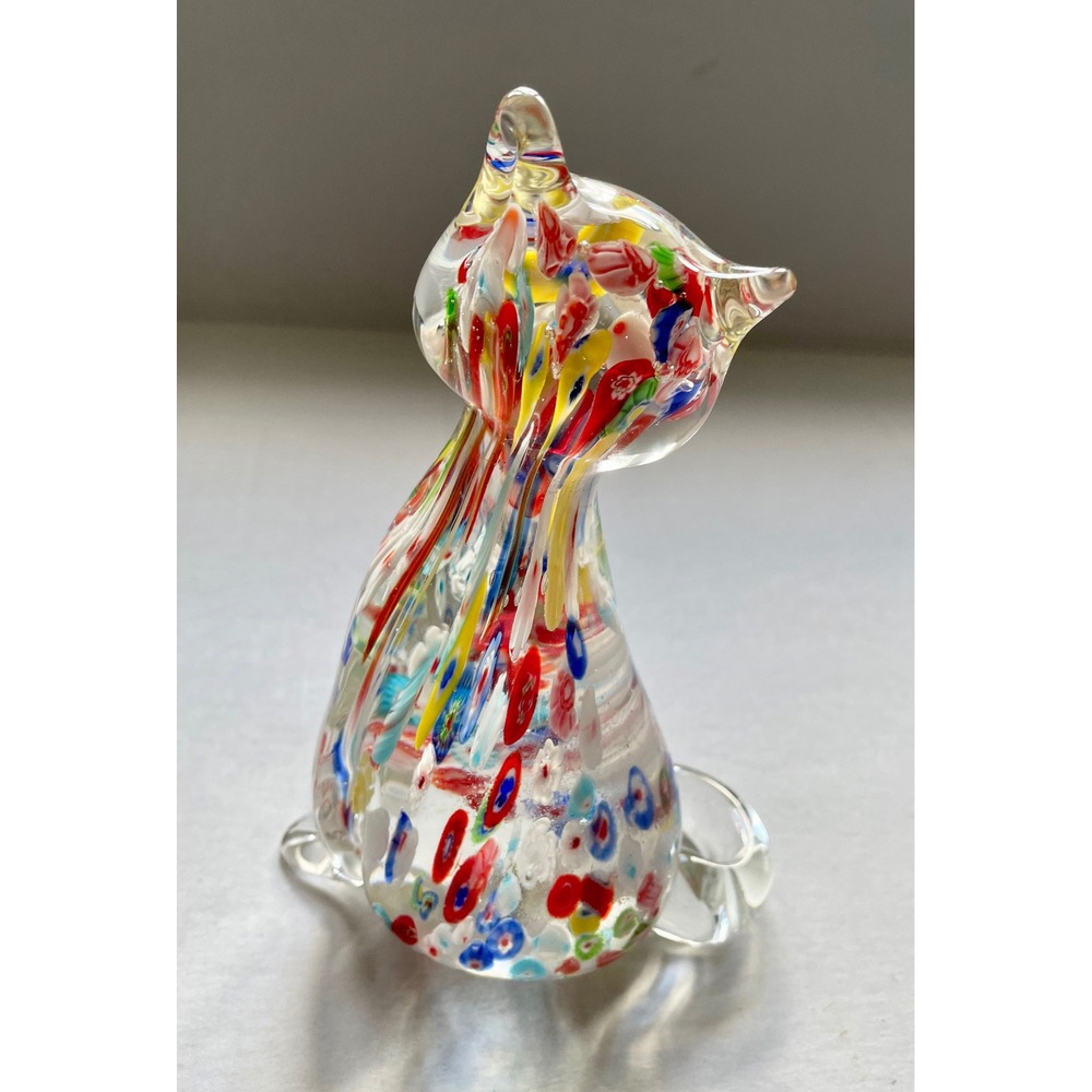 Vintage Murano Glass Handmade Millefiori Cat Multicolor Glass Figurine - Picture 6 of 7